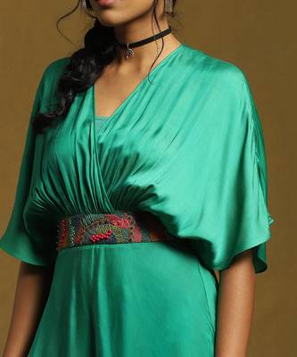 RITU KUMAR Green Kaftan Long Dress With Embroidered Belt 5