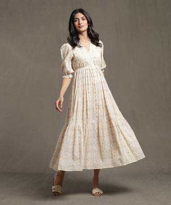 Beige Cotton Printed Long Dress 1