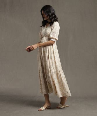 Beige Cotton Printed Long Dress 2