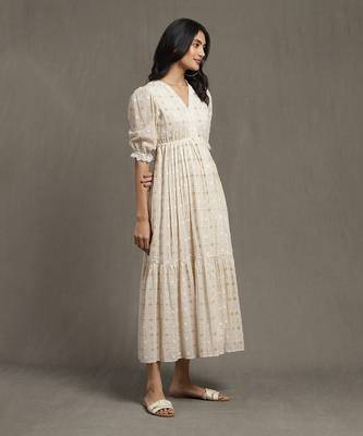 Beige Cotton Printed Long Dress 3