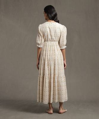 Beige Cotton Printed Long Dress 4
