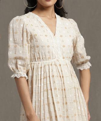 Beige Cotton Printed Long Dress 5