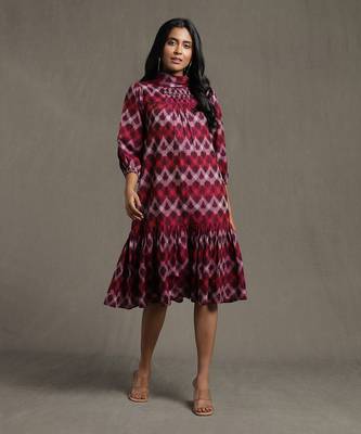 RITU KUMAR Purple Pleated High Neck Midi Dress With Ruffled Hem 1