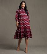 RITU KUMAR Purple Pleated High Neck Midi Dress With Ruffled Hem