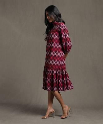 RITU KUMAR Purple Pleated High Neck Midi Dress With Ruffled Hem 2