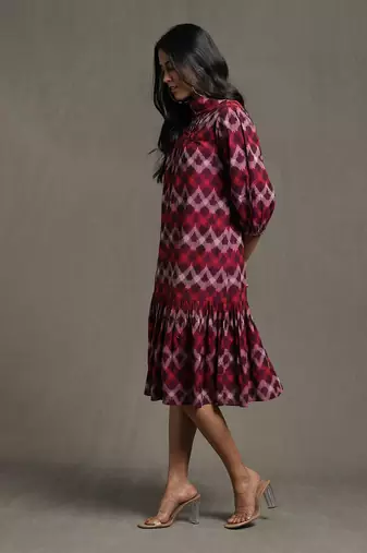 RITU KUMAR Purple Pleated High Neck Midi Dress With Ruffled Hem