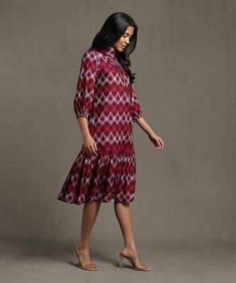 RITU KUMAR Purple Pleated High Neck Midi Dress With Ruffled Hem 3