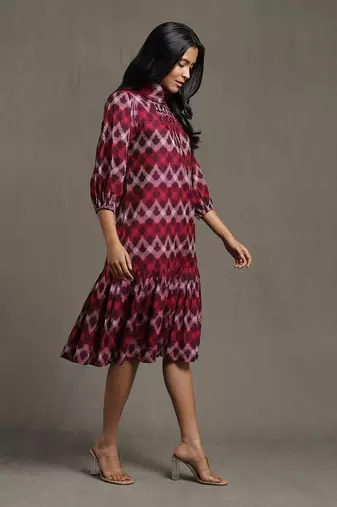 RITU KUMAR Purple Pleated High Neck Midi Dress With Ruffled Hem