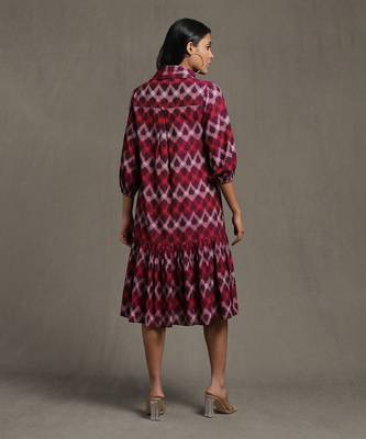 RITU KUMAR Purple Pleated High Neck Midi Dress With Ruffled Hem 4