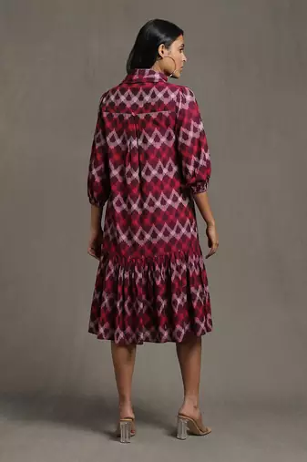 RITU KUMAR Purple Pleated High Neck Midi Dress With Ruffled Hem