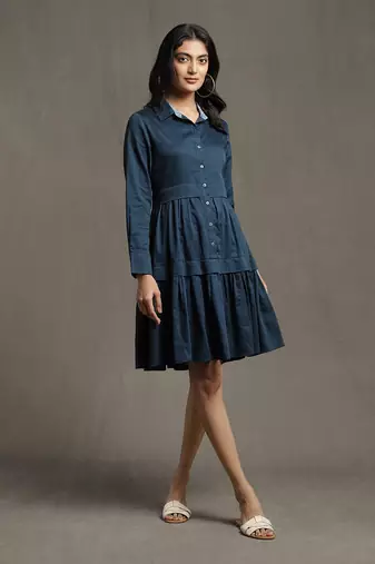 Blue Shirt Dress With Ruffled Hem