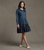 Blue Shirt Dress With Ruffled Hem