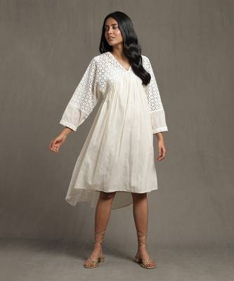 RITU KUMAR Ivory Gathered Schiffli Short Dress 1