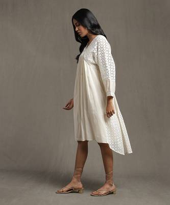 RITU KUMAR Ivory Gathered Schiffli Short Dress 2