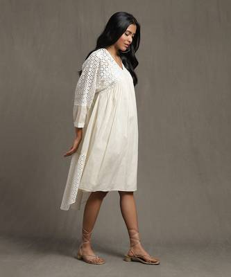 RITU KUMAR Ivory Gathered Schiffli Short Dress 3