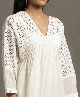 RITU KUMAR Ivory Gathered Schiffli Short Dress 5