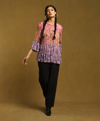 RITU KUMAR Purple Floral Print Tiered Kurti With Inner 1