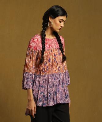 RITU KUMAR Purple Floral Print Tiered Kurti With Inner 3