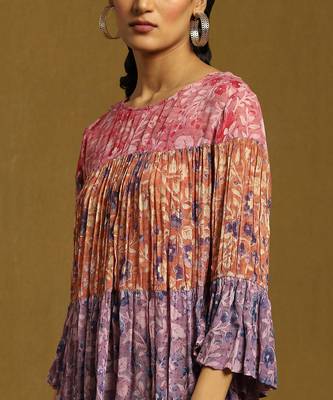 RITU KUMAR Purple Floral Print Tiered Kurti With Inner 5