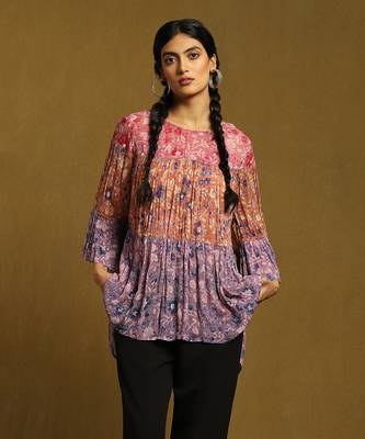 RITU KUMAR Purple Floral Print Tiered Kurti With Inner 6