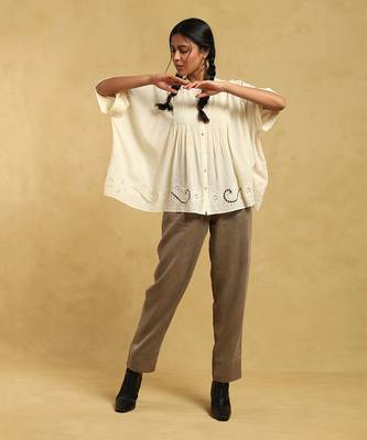RITU KUMAR Off White Button-Down Pleated Cotton Kurti 1