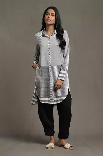 Grey Striped Straight Kurta
