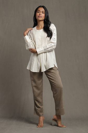 RITU KUMAR Ivory Schiffli Kurti With Pintuck Detail