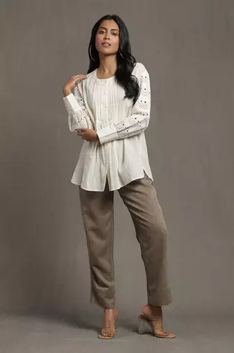 RITU KUMAR Ivory Schiffli Kurti With Pintuck Detail