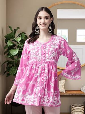 Hand Embroidered Pink Cotton Lucknowi Chikankari Indian Women Short Kurti 1