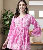 Hand Embroidered Pink Cotton Lucknowi Chikankari Indian Women Short Kurti