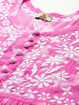 Hand Embroidered Pink Cotton Lucknowi Chikankari Indian Women Short Kurti 2
