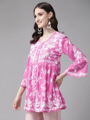 Hand Embroidered Pink Cotton Lucknowi Chikankari Indian Women Short Kurti 3