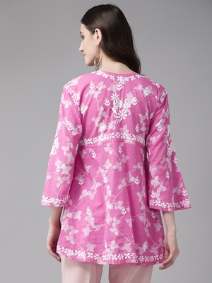 Hand Embroidered Pink Cotton Lucknowi Chikankari Indian Women Short Kurti 4