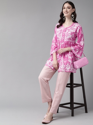 Hand Embroidered Pink Cotton Lucknowi Chikankari Indian Women Short Kurti 5
