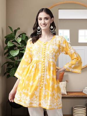 Hand Embroidered Yellow Cotton Lucknowi Chikankari Indian Women Short Kurti 1