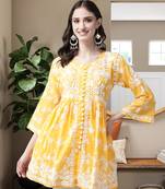 Hand Embroidered Yellow Cotton Lucknowi Chikankari Indian Women Short Kurti