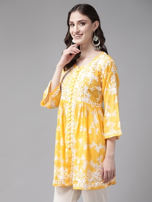 Hand Embroidered Yellow Cotton Lucknowi Chikankari Indian Women Short Kurti 3