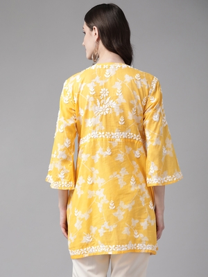 Hand Embroidered Yellow Cotton Lucknowi Chikankari Indian Women Short Kurti 4