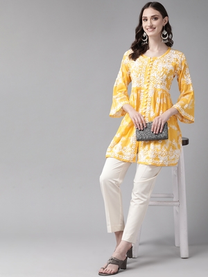 Hand Embroidered Yellow Cotton Lucknowi Chikankari Indian Women Short Kurti 5