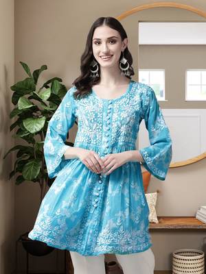 Hand Embroidered Blue Cotton Lucknowi Chikankari Indian Women Short Kurti 1