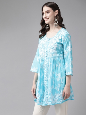 Hand Embroidered Blue Cotton Lucknowi Chikankari Indian Women Short Kurti 3