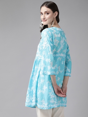Hand Embroidered Blue Cotton Lucknowi Chikankari Indian Women Short Kurti 4