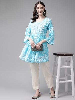Hand Embroidered Blue Cotton Lucknowi Chikankari Indian Women Short Kurti 5