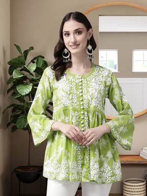 Hand Embroidered Green Cotton Lucknowi Chikankari Indian Women Short Kurti 1