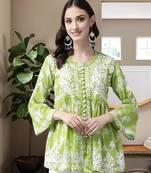 Hand Embroidered Green Cotton Lucknowi Chikankari Indian Women Short Kurti