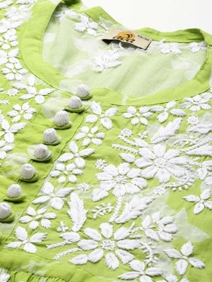 Hand Embroidered Green Cotton Lucknowi Chikankari Indian Women Short Kurti 2