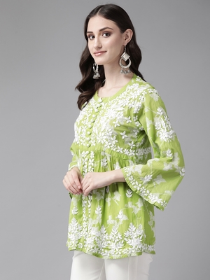 Hand Embroidered Green Cotton Lucknowi Chikankari Indian Women Short Kurti 3