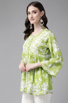 Hand Embroidered Green Cotton Lucknowi Chikankari Indian Women Short Kurti