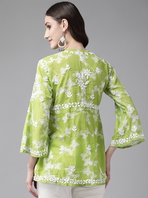 Hand Embroidered Green Cotton Lucknowi Chikankari Indian Women Short Kurti 4