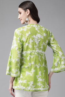 Hand Embroidered Green Cotton Lucknowi Chikankari Indian Women Short Kurti